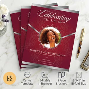 Burgundy & Silver Funeral Program Template for Canva: 8 Page Bifold Obituary (8.5x11) Digital Download