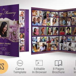 Loving Tabloid Funeral Program Template 1, Canva Template, Purple Gold | Celebration of Life | 8 Pages | 11x17 in