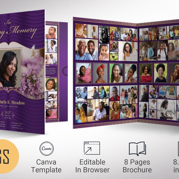 Loving Tabloid Funeral Program Template 1, Canva Template, Purple Gold | Celebration of Life | 8 Pages | 11x17 in