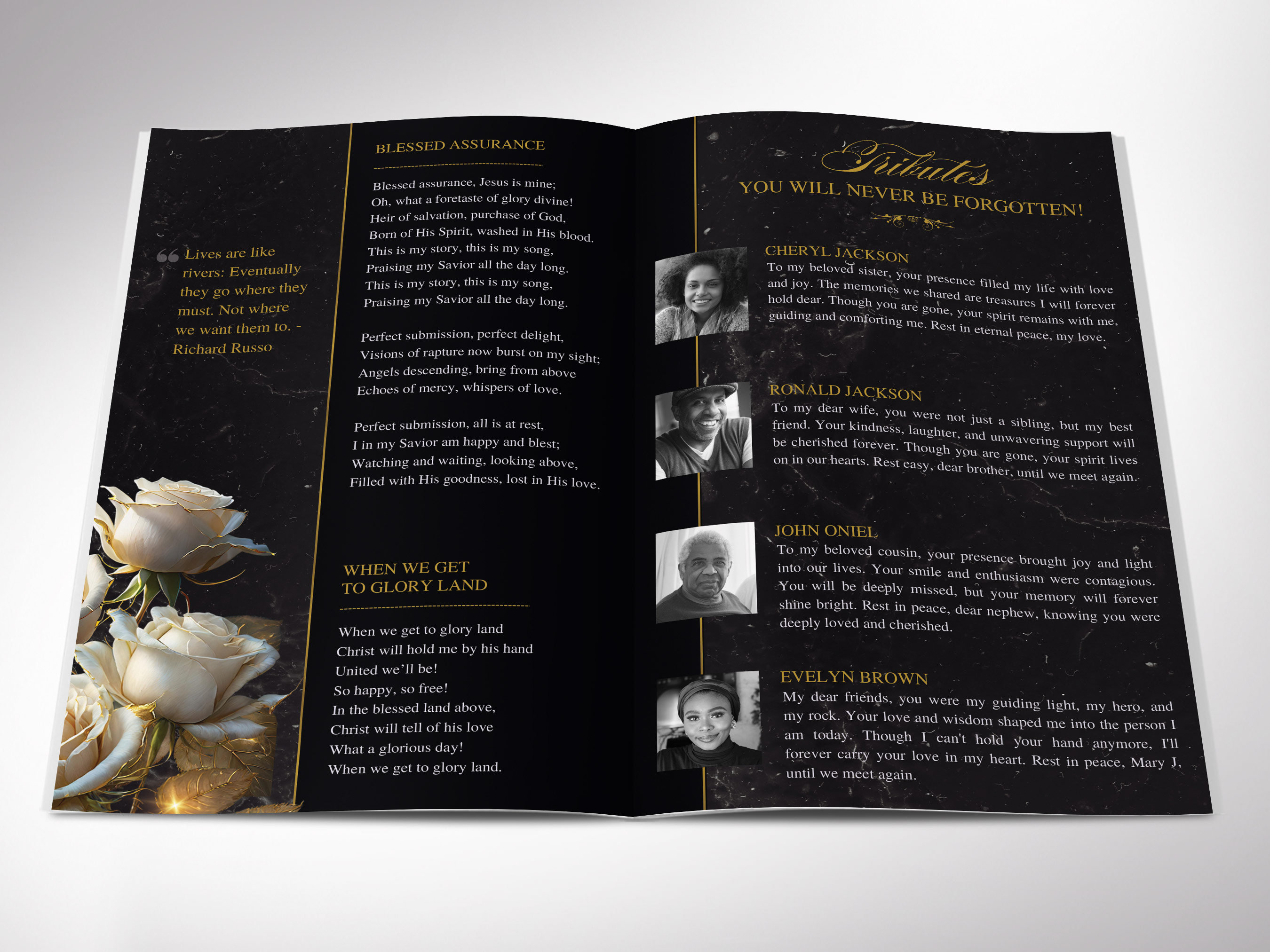 Rose Program Application Sample Classic Rose Funeral Program Template: Black & Gold, 8 Pages (canva ...