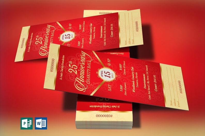 Red Gold Anniversary Banquet Ticket Template for Word and Publisher is 3x7 inches.  It features a deep red background and is highlighted with gold. Sections are included for perforation and numbering. This anniversary banquet ticket is for events