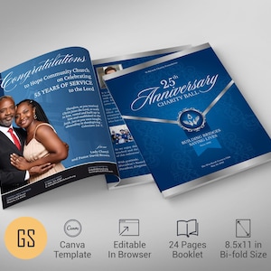 May include: A bi-fold booklet with a blue and silver design. The cover reads "25th Anniversary Charity Ball" and "Building Bridges, Saving Lives." Inside, it says "Congratulations to Hope Community Church on Celebrating 55 Years of Service."