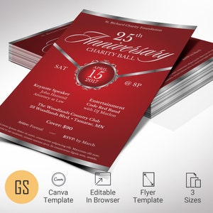 Red Silver Anniversary Flyer Template for Canva, Banquet Invitation, Church Anniversary, Pastor Appreciation