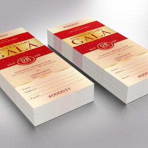 Elegant Anniversary Gala Ticket Word Publisher Template, Size: 2”×6”, is designed with red and gold, and 7 additional color backgrounds are included. Great for Church Anniversary Banquets, Pastor Anniversary Galas, and Balls.