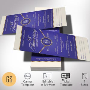 Violett Gold-Gala-Jubiläumsticket Vorlage für Canva, Violett Gold, Bankettkarte, Benefizveranstaltung, bearbeitbare Farben, 4 Größen