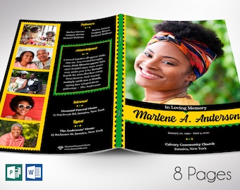 Jamaican Funeral Program Word Publisher Template | 8 Pages | Editable Colors | Print Size 11”x8.5” | Bi-fold to 5.5”x8.5”