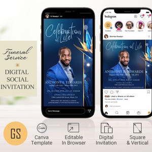 Canva 用の青いデジタル葬儀招待状テンプレート、ネイビーブルー、パラダイス、人生のお祝い、電話メッセージアナウンス、男性向け Evite