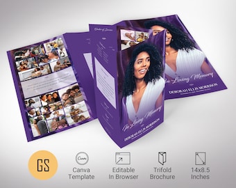 Purple Marble Legal Trifold Funeral Program Template 2, Canva Template, Celebration of Life, Obituary Program, 8 Pages | 14x8.5 inch