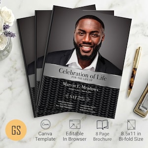 Plantilla de programa funerario con ondas negras y plateadas para Canva: obituario plegable de 8 páginas (8,5 x 11 pulgadas) Descarga digital