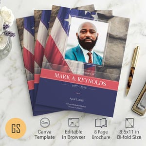 American Military Funeral Program Template: Veteran Bifold Obituary for Canva (8.5x11) Digital Download