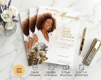 White Rose Funeral Program Canva Template 8 Page 8.5x11 Gold Obituary Booklet (Digital Download)