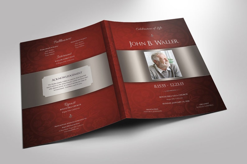 Burgundy Silver Funeral Program Tabloid Word and Publisher Template have 8 pages and feature a burgundy paisley background with silver decals. The Tabloid Print Size of 17x11 inches is Bi-Folded to 8.5x11 inches.