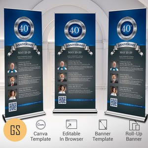 Blue & Silver Church Anniversary Banner Template: Vertical Vinyl Design (Canva, 32x78&quot;, Digital Download)