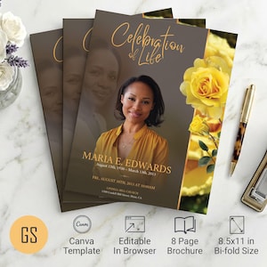 Yellow Rose Funeral Program Template | Canva: 8 Page Floral Bifold Obituary (8.5x11) Digital Download