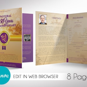 Clergy Anniversary Program Canva Template: Purple & Gold Church Brochure (11x17&quot; Digital Download)
