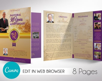 Clergy Anniversary Tabloid Program Template, Canva Template | Purple Gold, Church Anniversary | 8 Pages | 11x17 inch