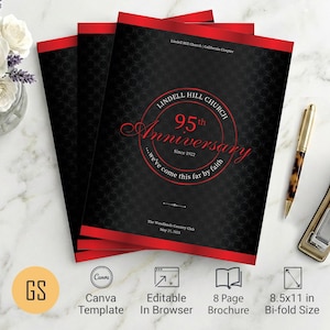 Diamond Church Anniversary Program Template | Canva: Black & Red 8-Page Bifold Brochure (8.5x11) Digital Download