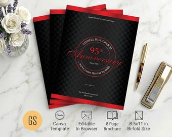 Diamond Church Anniversary Program Template | Canva: Black & Red 8-Page Bifold Brochure (8.5x11) Digital Download