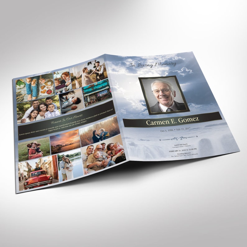 Blue Forever Tabloid Funeral Program Template for Word and Publisher, Celebration of Life, Sky Obituary Template for Men, 4 Pages 11x17 in image 2