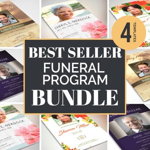 May include: A set of four funeral program templates. The templates feature different floral designs and color schemes. The text "BEST SELLER FUNERAL PROGRAM BUNDLE" is displayed in large, bold letters.