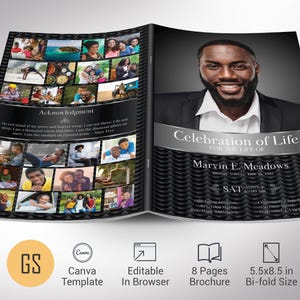 May include: A bi-fold brochure with a black and gray design. The cover features a smiling Black man in a suit with the text "Celebration of Life." The inside includes photos and the text "Acknowledgment."