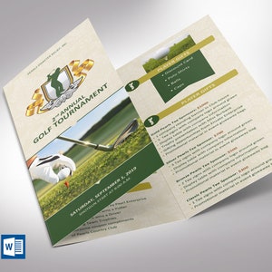 May include: A green and gold brochure for a golf tournament. The brochure features a golfer teeing off on a green golf course. The text on the brochure reads "2nd Annual Golf Tournament" and "Saturday, September 1, 2019".