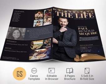 Life Funeral Program Template, Canva Template - Black Gold | Magazine Style, Celebration of Life | 8 Pages | 5.5x8.5 in