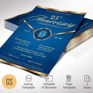 Flyer anniversaire église bleu et or : faire-part banquet victorien (téléchargement numérique modèle canva)