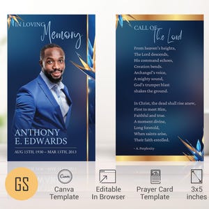 Beerdigung Gebetskarte Vorlage, Canva, Paradise Blue Gold, Feier des Lebens, Beerdigung Gefallen, Gedenkstätte Andenken, druckbares Geschenk 3 x 5 Zoll