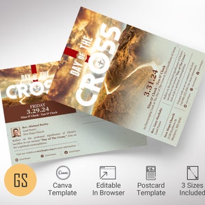 Modello di cartolina per la chiesa di Pasqua del giorno della croce, Canva, invito per il servizio del Venerdì Santo e della domenica di Pasqua, modificabile stampabile conforme a EDDM