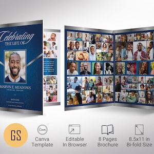 Blue Silver Funeral Program Template: Celebration of Life (11x17 in, Canva Editable, Digital Download)