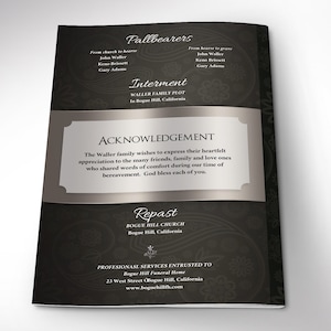 Black Silver Dignity Funeral Program Word and Publisher Template, has silver decals and text style laid over silver and black background with a Paisley pattern. The Print Size is 11 x 8.5 inches, and the Bi-Fold Size is 5.5 x 8.5 inches.