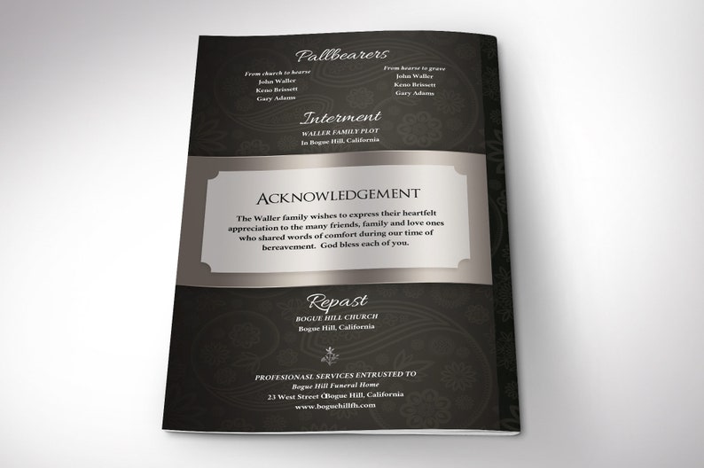 Black Silver Dignity Funeral Program Word and Publisher Template, has silver decals and text style laid over silver and black background with a Paisley pattern. The Print Size is 11 x 8.5 inches, and the Bi-Fold Size is 5.5 x 8.5 inches.