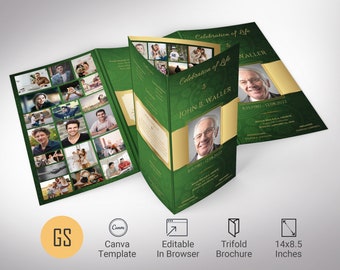 Green Gold Legal Trifold Funeral Program Template, Canva Template | Celebration of Life, In Loving Memory | 14x8.5 inch