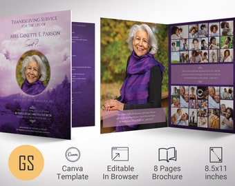 Violet Sky Funeral Program Tabloid Template, Canva Template | Celebration of Life, Obituary Program | 8 Pages | 11x17 in