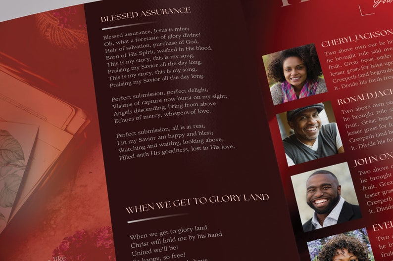 Say goodbye to the traditional, regular funeral program with the Twilight Tabloid Funeral Program Template for Canva (8 pages, 17x11 inches, bifold to 8.5x11 inches). This expressively designed twilight brick red celebration of life bi-fold brochure