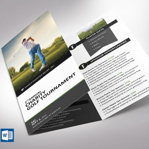 Charity Golf Tournament Brochure Word Template is designed with a classic golf theme of Green, black and white colors. Print Size: 11x8.5 inches, Tri-fold Size: 3.65x8.5 inches is for charity golf tournaments and tee-off games.