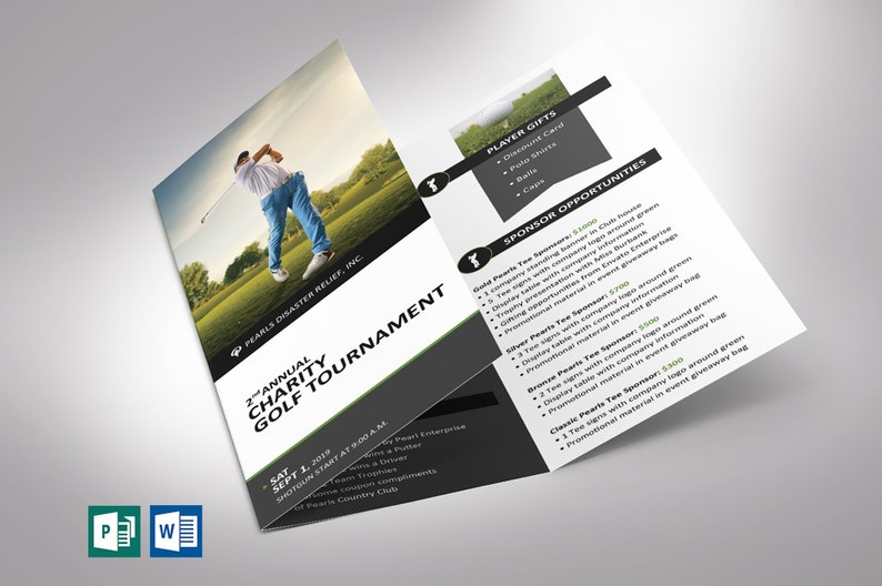 Charity Golf Tournament Brochure Word Template is designed with a classic golf theme of Green, black and white colors. Print Size: 11x8.5 inches, Tri-fold Size: 3.65x8.5 inches is for charity golf tournaments and tee-off games.