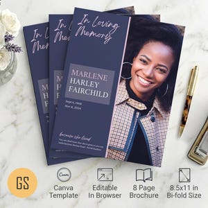 Purple Floral Funeral Program Template for Canva: 8 Page bifold Memorial Obituary (8.5x11) Digital Download