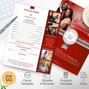 Plantilla para programa de aniversario de pastores para Canva, color rojo plateado, aniversario de iglesia comunitaria, banquete de agradecimiento al pastor, 2 páginas, 2 tamaños