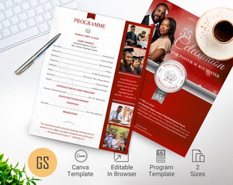 May include: A red and silver program template for a church celebration. The program includes a schedule of events, a guest preacher, and a dedication to Pastor M. Rochester. The template is editable and available in two sizes.