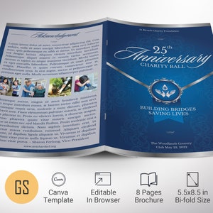 May include: A blue and silver 8-page brochure for a charity ball. The front cover features a silver ribbon with a silver and blue emblem of two hands holding a water drop. The text reads "25th Anniversary Charity Ball" and "Building Bridges Saving Lives".