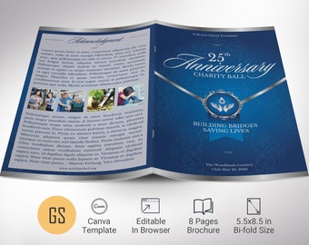 Blue Silver Anniversary Gala Program Template, Canva Template | Fundraiser Event, Banquet Program | 8 Pages | 5.5x8.5 in