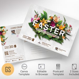 Modello di cartolina della chiesa della domenica di Pasqua floreale per Canva, invito al servizio bianco, domenica di Resurrezione, stampabile modificabile, conforme a EDDM