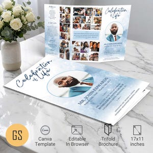 Modèle de programme funéraire bleu pour Canva : Notice nécrologique dépliable au format tabloïd (11x17) - Téléchargement numérique