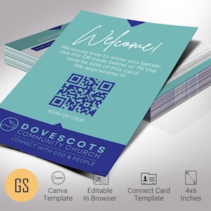 Modelo de cartão de conexão de igreja moderna para Canva, azul pastel, cartão de boas-vindas da igreja com código QR, novo convidado, download para impressão editável, 4 x 6 pol.