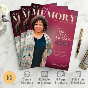 Maroon Dawn Funeral Program Template | Canva: 8-Page Magazine-Style Memorial Bifold Obituary (8.5x11) Digital Download