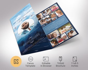 Blue Sky Trifold Funeral Program Template, Canva Template | Celebration of Life, In Loving Memory | Size 11x8.5 in