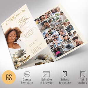 May include: A trifold funeral programme template with a photo collage on the right side and a floral design on the left side. The programme includes the name "Mary Olivia Jackson" and the date "May 20, 2023".
