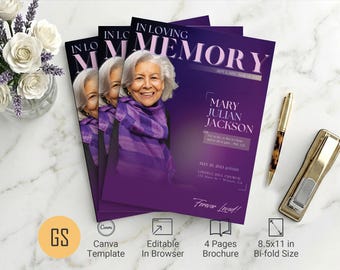 Purple Dawn Funeral Program Template | Canva: 4-Page Magazine-Style Memorial Bifold Obituary (8.5x11) Digital Download